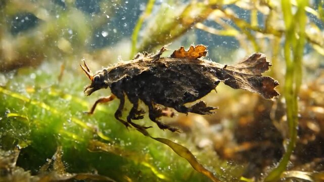 Underwater caddisfly larva construction moving through aquatic vegetation freshwater habitat camouflage