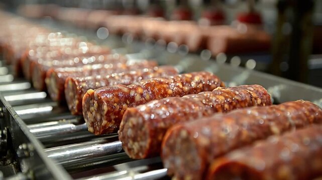Sausages are methodically arranged on conveyor belt within brightly lit, hygienic meat processing facility, emphasizing industry's focus on efficiency and cleanliness during large-scale manufacture