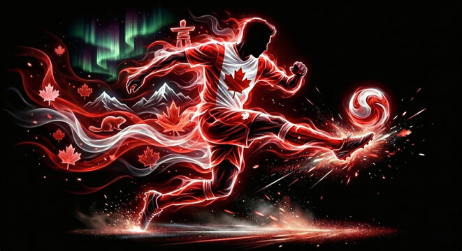 Canada soccer player running, abstract neon silhouette with Maple Leaf and Northern Lights, World Cup 2026 Host concept