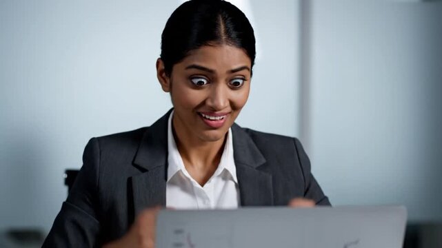 Professional businesswoman working intently on laptop in modern office