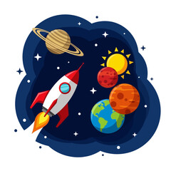 Rocket ship flying past planets and sun in starry outer space, space exploration concept