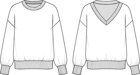 Women oversized crew neck sweatshirt with deep v back fashion technical sketch cad drawing flat vector illustration for apparel design © Shihab Creative