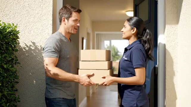Modern blue front door with silver hardware on white stucco house