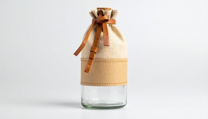 Glass bottle with fabric sleeve and leather strap