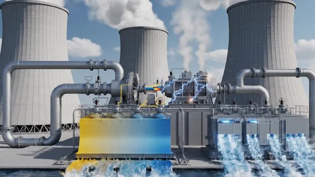 A detailed digital illustration depicts a power generation facility showcasing complex machinery at work