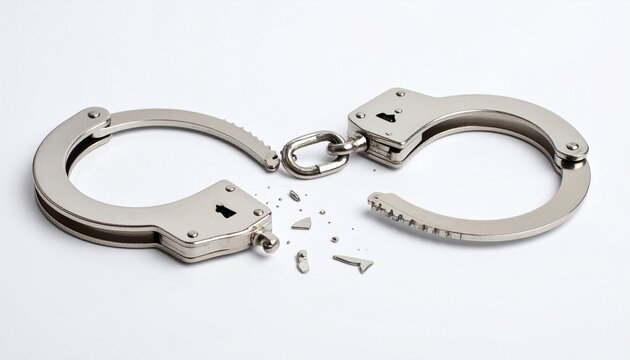 Broken metal handcuffs with shattered chain