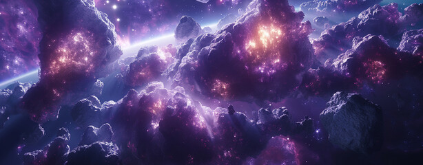 Fototapeta premium Glowing cosmic explosion with asteroids in deep space