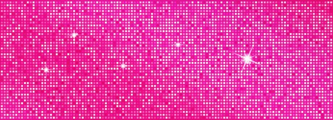 Fototapeta na wymiar Pink disco ball sparkles with glitter texture, creating a glamorous party backdrop. Shimmering sequins and mosaic patterns shine under neon lights for retro celebrations.