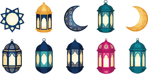 Vector illustration of ornate Islamic lanterns, crescent moons, and decorative motifs, symbolizing Ramadan, Eid, spirituality, celebration, and traditional festive artwork design © MDSHISHIRHASAN