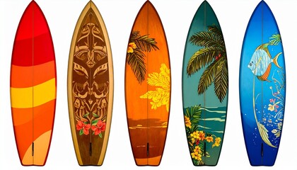 Five upright surfboards with colorful designs