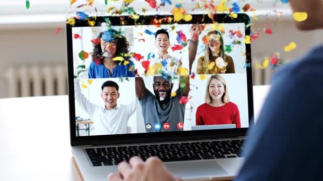 Diverse team celebrating success in virtual meeting on laptop