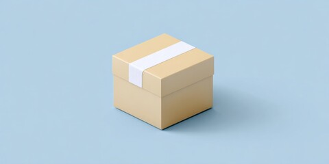 Fototapeta premium Closed beige gift box with white ribbon on light blue background