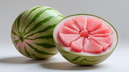 Fresh Sliced Pomelo with Pink Flesh and Green Rind on White Background
