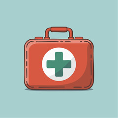 Obraz premium First aid kit icon with green cross on red background viewed from directly above as a simple graphic illustration symbolizing health and emergency care