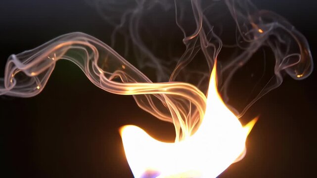 Slow motion capture of a match being struck, showing the initial bright fire burst and curling grey smoke against a dark, moody, high-contrast background.