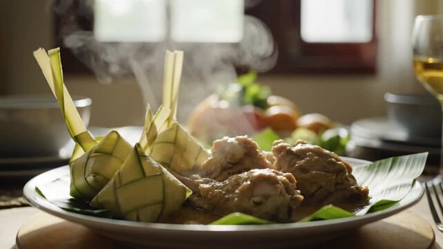 Traditional Eid al Fitr feast with festive food and halal dishes served on a decorated table for a Muslim family celebration