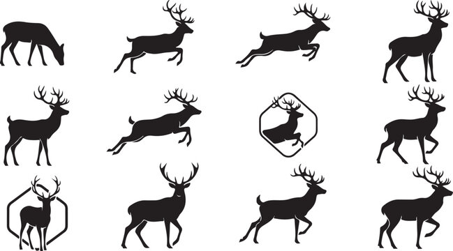 A collection of black and white deer silhouettes in various poses and positions