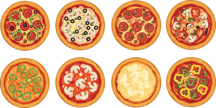 Pizza flavors top view vector set. Pepperoni, mushroom, cheese and vegetable toppings. Italian fast food flat illustration collection.