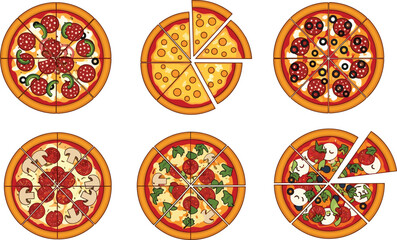 Assorted whole pizzas top view vector set. Pepperoni, cheese and vegetable toppings in sliced rounds. Italian fast food flat illustration.