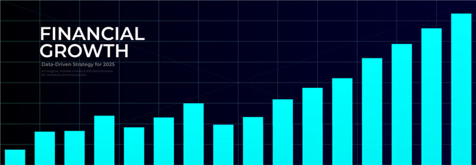 Financial analytics business growth chart digital background, blue rising bars, increase arrow and candlesticks concept for fintech, market trends, predictive investment insights. Vector illustration.