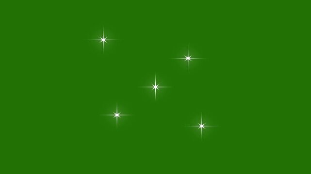 Sparkling star twinkle glitter white cartoon doodle animation, flat vector blinking shining light twinkling effect glowing on transparent green screen background, festive overlay 4K video