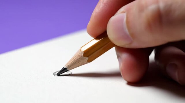 Close-up of a hand holding a small pencil and drawing a circle on white paper, with a purple background.