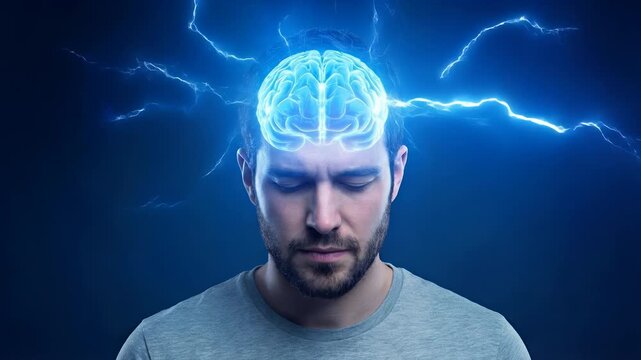 Man with glowing brain and lightning bolts during deep meditation. Mental power and brain activity visualization in static medium shot.