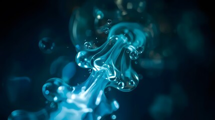 Obraz premium A futuristic 3D render of a luminous turquoise liquid structure with transparent droplets and organic movement against a dark atmospheric background