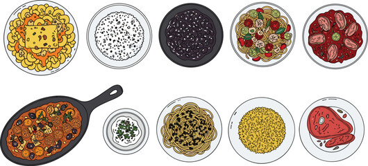 Naklejka premium Italian food dishes vector set. Pasta, risotto, beans, salad and grilled meat in top view. Restaurant menu flat illustration collection.