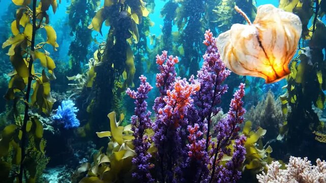 Underwater scene with vivid coral,kelp forests,and a translucent sea salp drifting in the azure water
