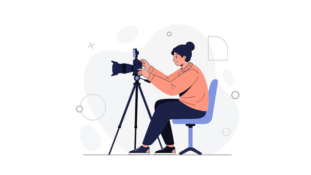 Woman photographer with camera on tripod, creative hobby, flat illustration