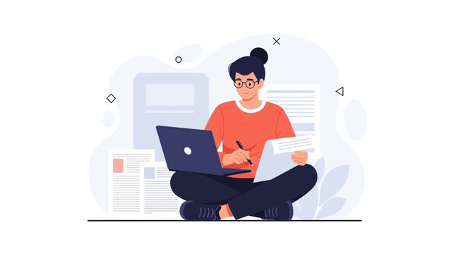 Woman working on laptop surrounded by documents, focused on online learning or project