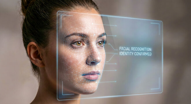 Concept portrait of a young woman looking at a transparent digital screen displaying her facial wireframe during a biometric security scan