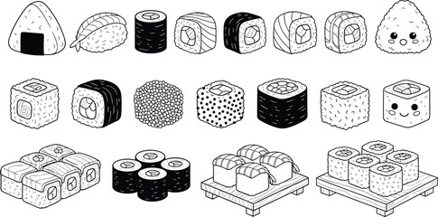 Hand drawn sushi outline set. Nigiri, maki rolls and onigiri in black and white. Japanese food line art illustration. © ALFINI