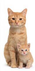 Ginger cat and kitten posing together on white background