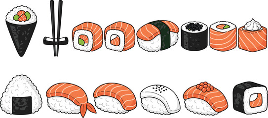 Sushi rolls and nigiri vector set. Salmon, maki, onigiri and chopsticks. Japanese cuisine flat illustration collection. © ALFINI