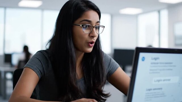 Focused young woman working on laptop in modern office space