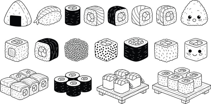Hand drawn sushi outline set. Nigiri, maki rolls and onigiri in black and white. Japanese food line art illustration.
