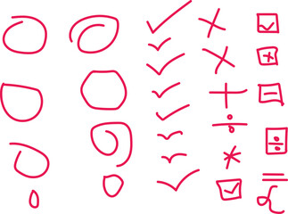 A collection of red hand drawn shapes and symbols on a white background including various marks and notations