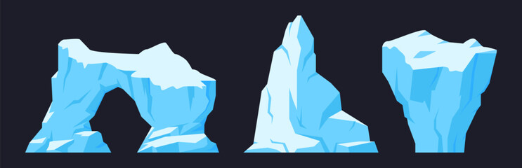 Ice antarctic icebergs. Cartoon frozen glaciers, huge snowy mountains and cracked ice rocks flat vector illustration set. Snow icebergs on dark background © GreenSkyStudio