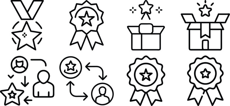 Vip icons set: crown, diamond, star, medal, gift, card in simple black line style
A set of vector black and white medals with ribbons. Sports and gaming awards, including a third-place medal for color