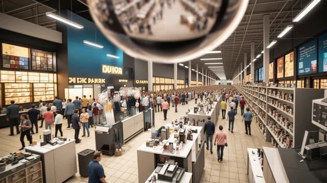 Security camera monitoring retail store interior with shoppers. Close-up of dome surveillance equipment with red light indicator.