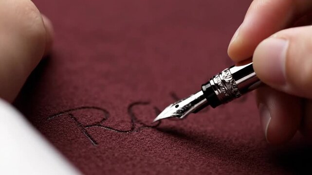 Close-up of a hand writing the name Raul on a burgundy surface with a fountain pen.