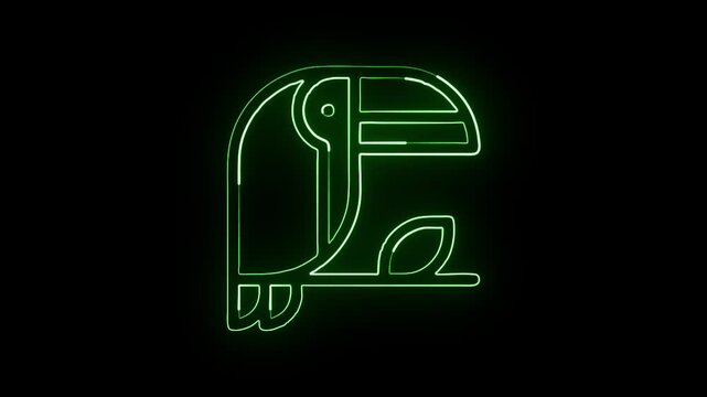 Glowing neon line toucan icon with wing flapping animation. Wildlife bird icon animation HD video isolated on black background.