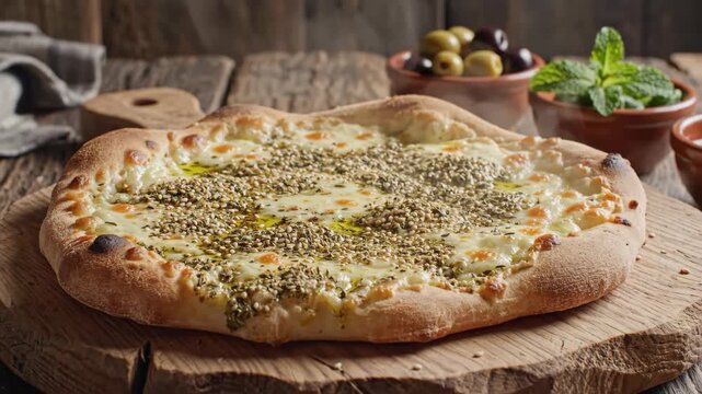 Fresh homemade flatbread baking on wooden board 4k cinematic footage