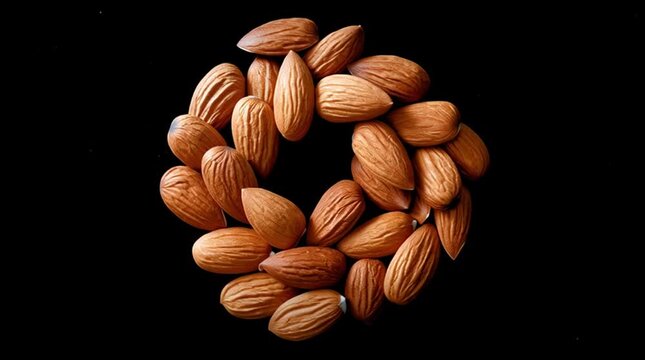 Almonds falling in formation against black background showcasing dynamic patterns