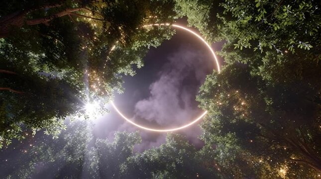 Enchanted forest eclipse: luminous ring against mystical canopy