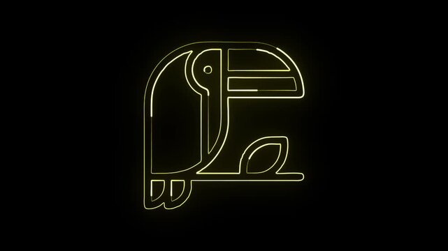 Glowing neon line toucan icon with wing flapping animation. Wildlife bird icon animation HD video isolated on black background.