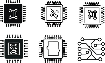 Collection of six black and white microchip circuit board illustrations