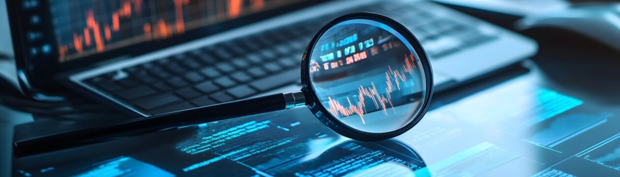 Close-up of a magnifying glass focused on financial data displayed on a laptop, symbolizing analysis, research, and decision-making in the business world.